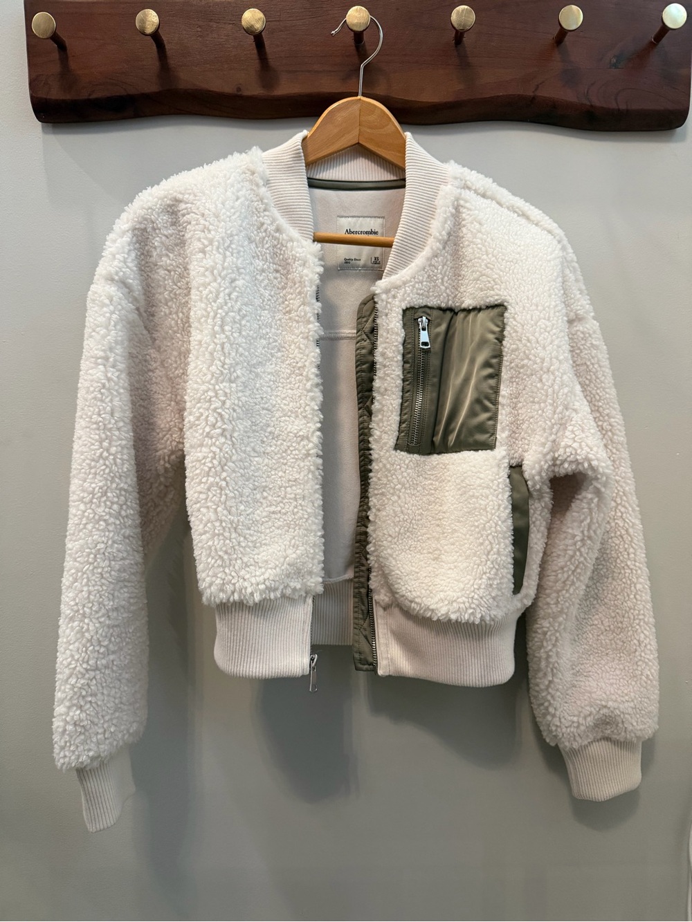 Abercrombie & Fitch Cream Sherpa Bomber Jacket with Olive Trim